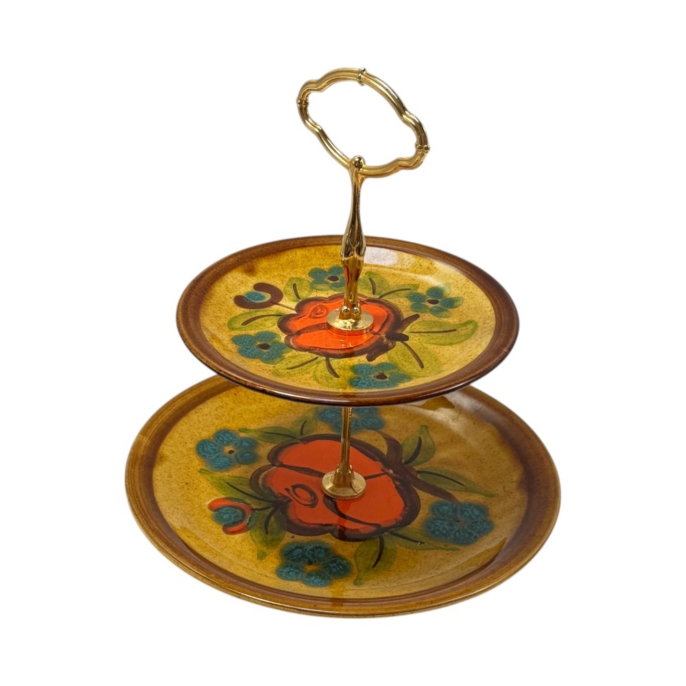 Vintage 70s Zell 2 Tiered Serving Tray Germany Pottery Gold Orange Tone Handle